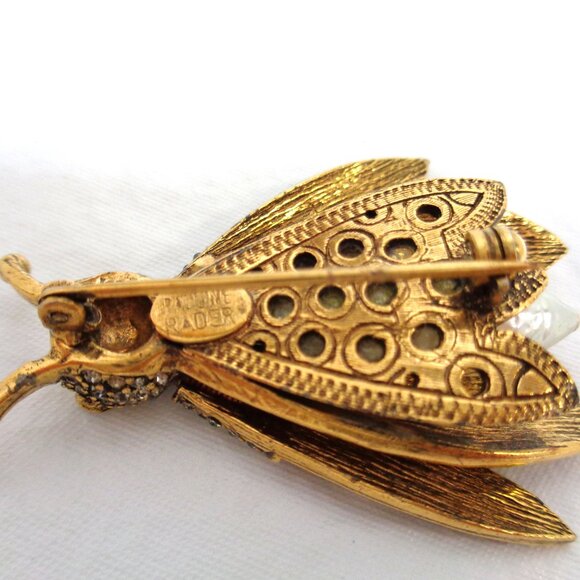 Vintage Pauline Rader signed Trembler Cicada Brooch brass pearl and crystal - Picture 4 of 7